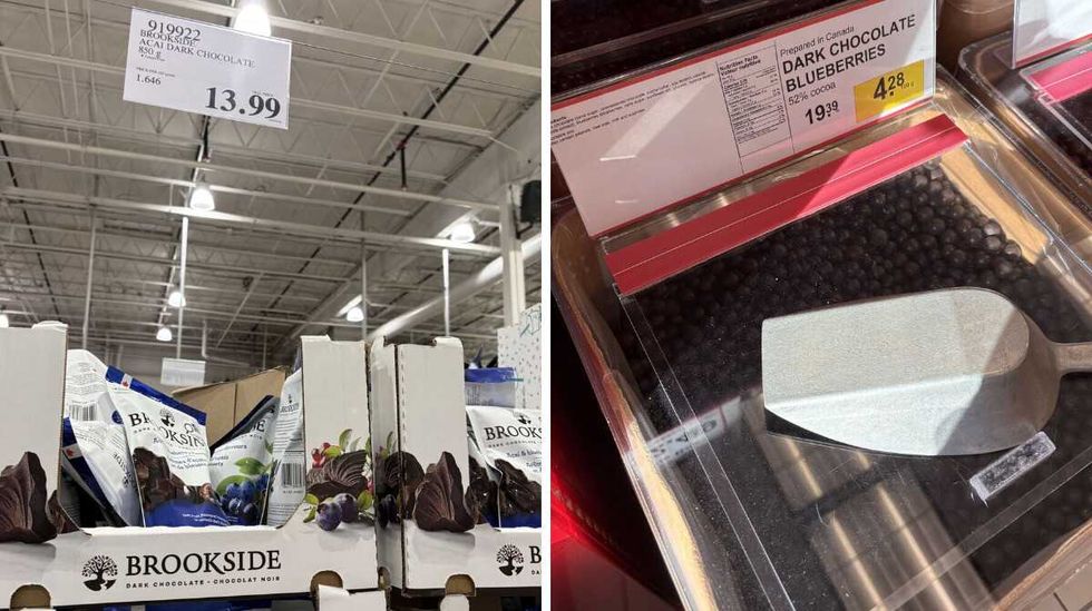 bags of Brookside chocolate-covered acai and blueberries at Costco. Right: bin of Chocolate-covered blueberries at Bulk Barn.