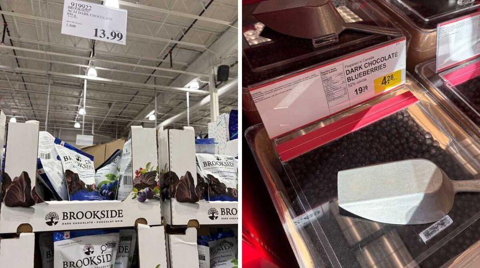 bags of Brookside chocolate-covered acai and blueberries at Costco. Right: bin of Chocolate-covered blueberries at Bulk Barn.