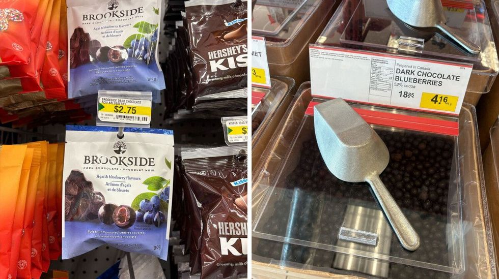 bags of brookside chocolate covered blueberries at dollarama. right: bin of chocolate covered blueberries at bulk barn
