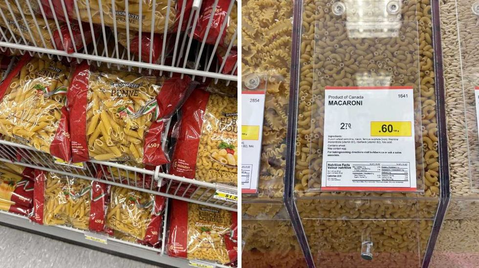 bags of Buongusto dried pasta at Dollarama. Right: bin of Macaroni pasta at Bulk Barn