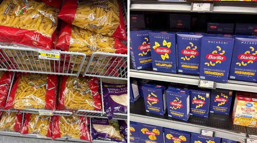 bags of Buongusto dried pasta at Dollarama. Right: boxes of Barilla dried pasta at Walmart.