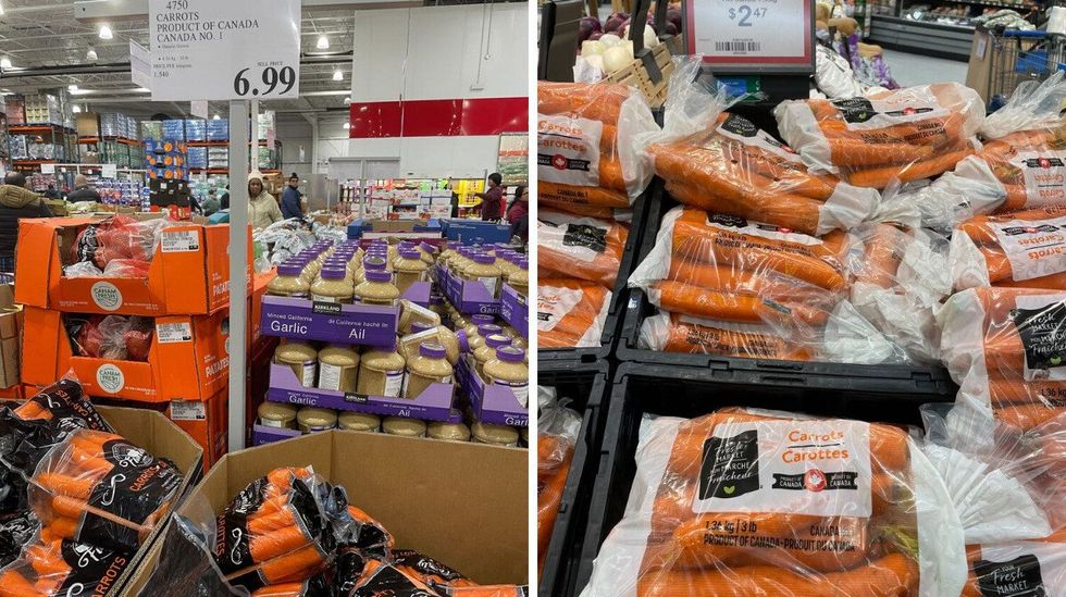 bags of carrots in a box at costco. right: bags of carrots in walmart's grocery section