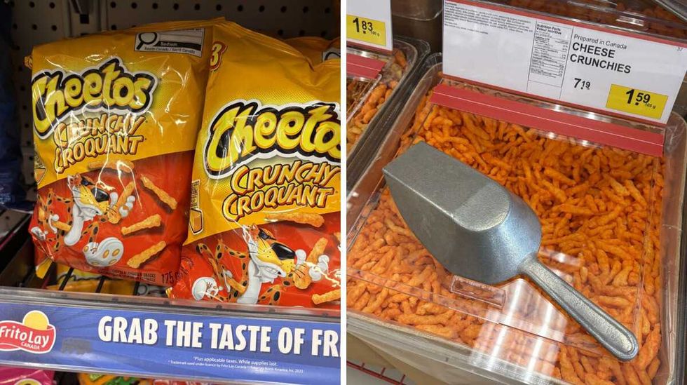 bags of Cheetos Crunchy at Dollarama. Right: bin of Cheese crunchies at Bulk Barn
