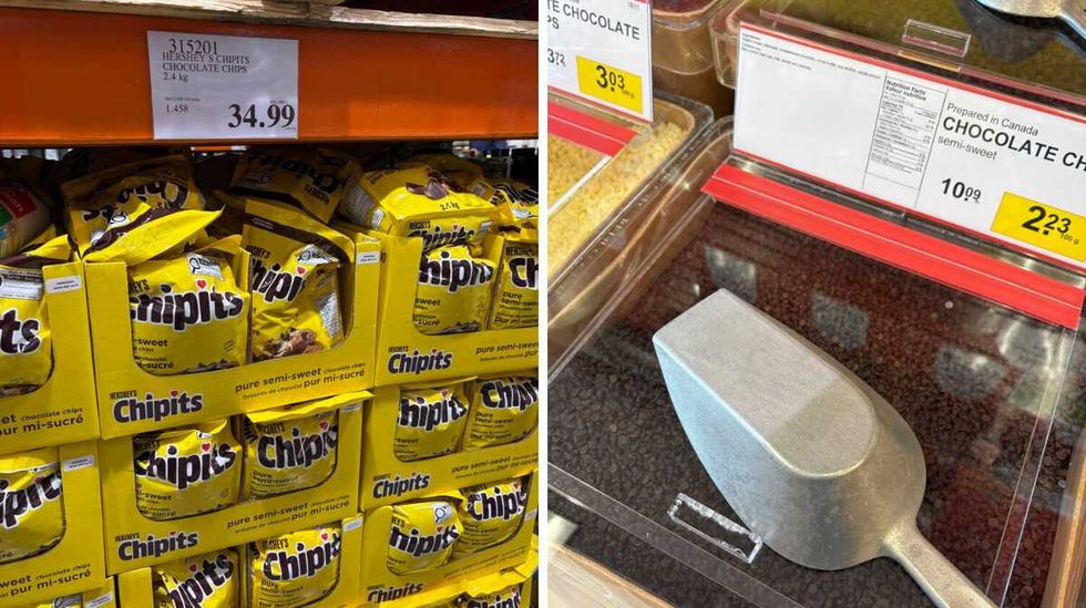 bags of Chipits chocolate chips at Costco. Right: bin of Chocolate chips at Bulk Barn.