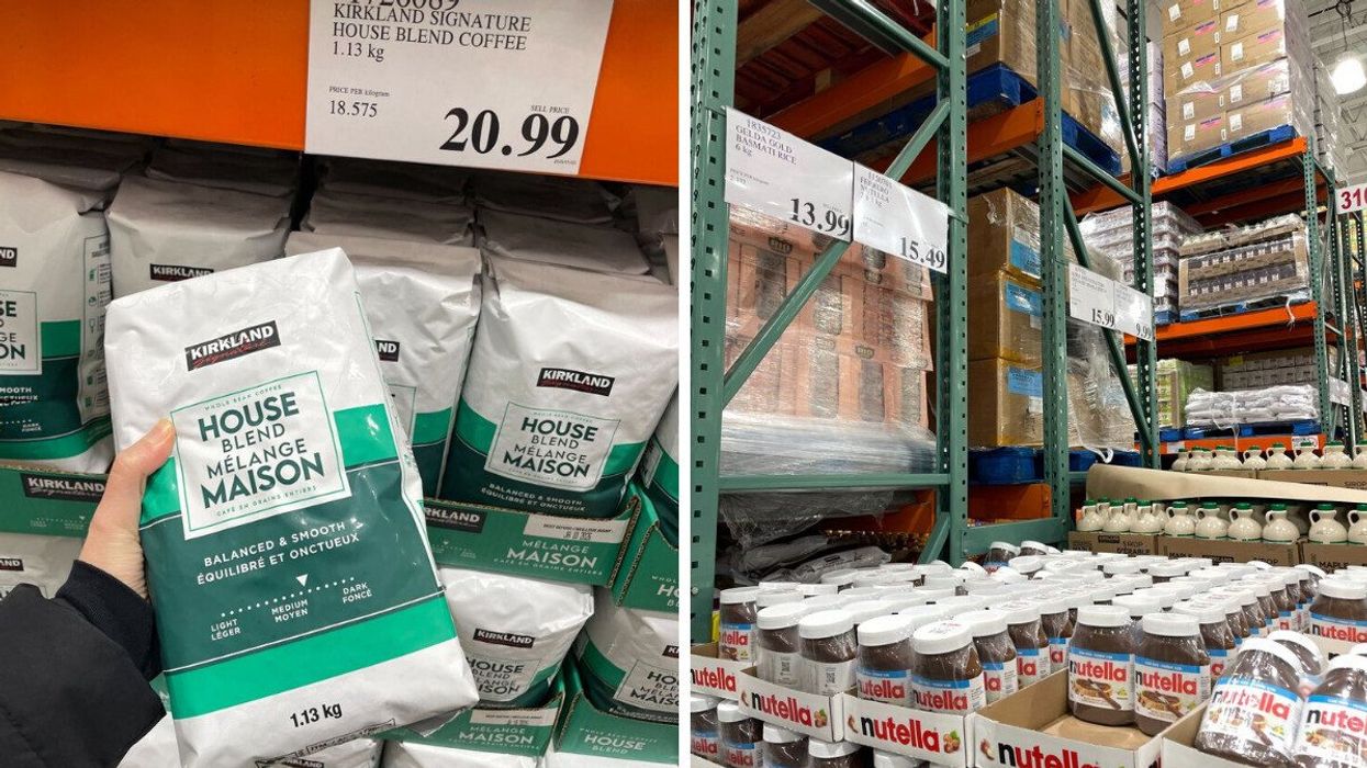 bags of costco kirkland signature coffee. right: jars of nutella at costco.