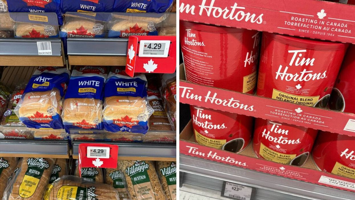 bags of dempster's bread on shelves at a loblaws store. right: canisters of tim hortons coffee on shelves at walmart