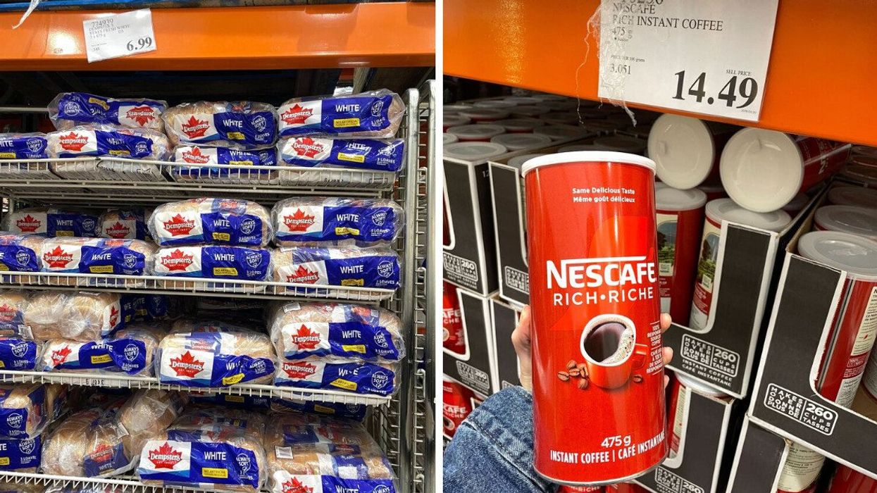 bags of dempster's bread on shelves at costco. right: person holding nescafe instant coffee at costco