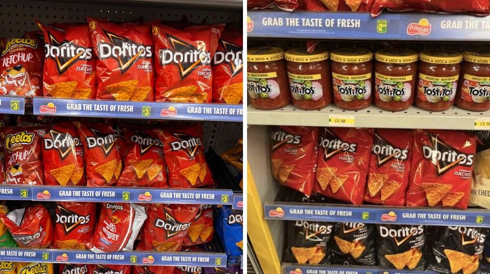bags of doritos at dollarama in 2025. right: bags of doritos at dollarama in 2022