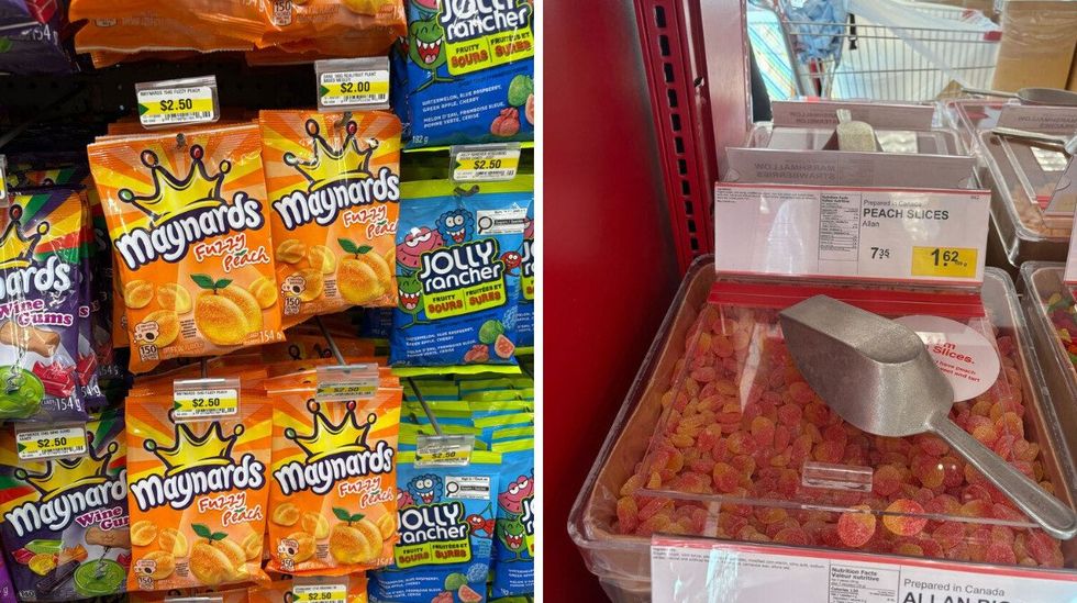 bags of fuzzy peaches at dollarama. right: bin of peach candies at bulk barn