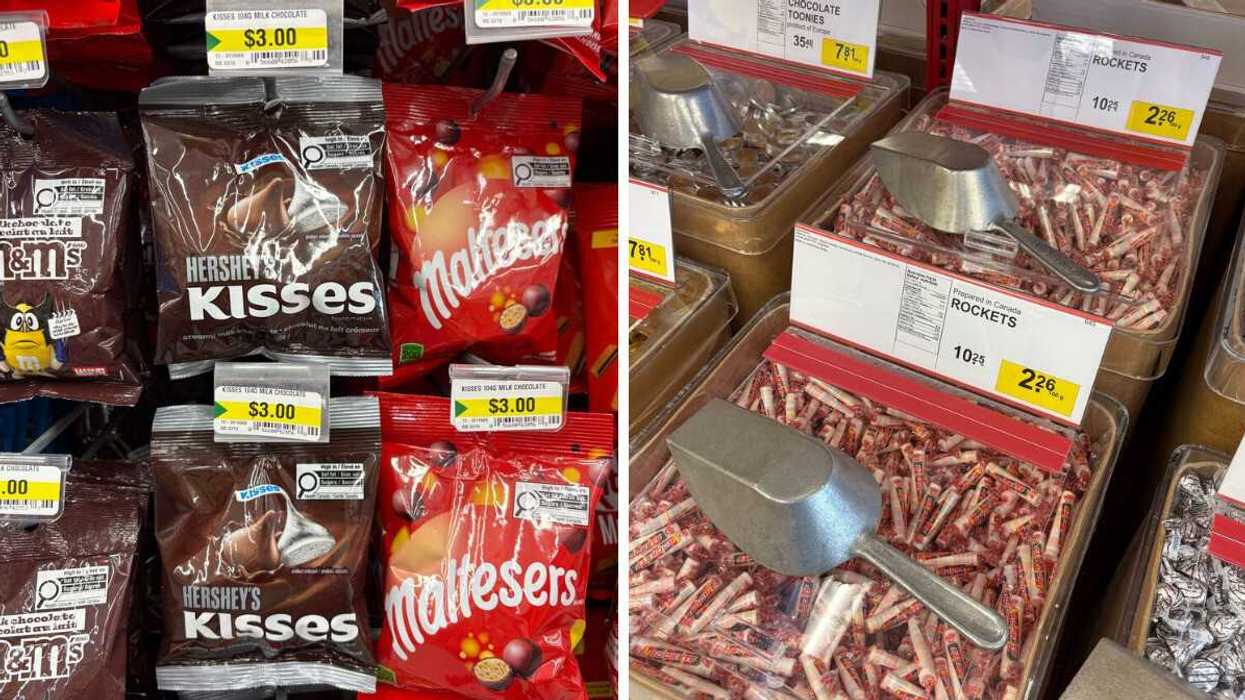 bags of Hershey's Kisses and Maltesers at dollarama. right: bin of rockets candy at bulk bark