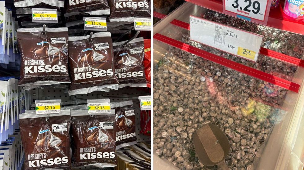 bags of hershey's kisses at dollarama. right: bin of hershey's kisses at bulk barn
