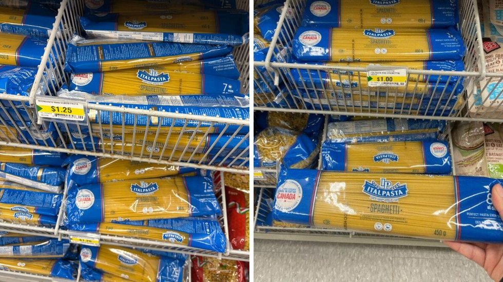 bags of italpasta pasta at dollarama in 2025. right: person holding bag of italpasta pasta at dollarama in 2023