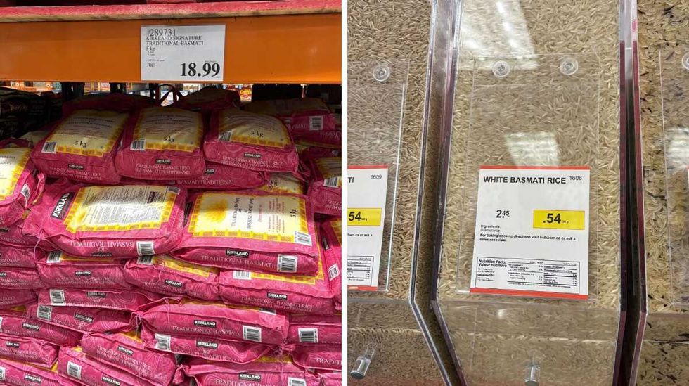 bags of Kirkland Signature basmati rice at Costco. Right: bin of Basmati rice at Bulk Barn.