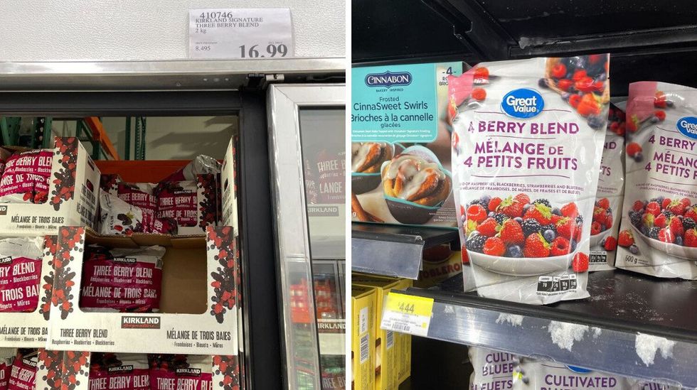 bags of kirkland signature berry blend in freezer at costco. right: bags of great value berry blend in freezer at walmart