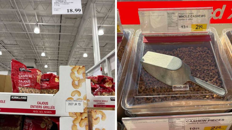 bags of Kirkland Signature cashews at Costco. Right: bin of Cashews at Bulk Barn.