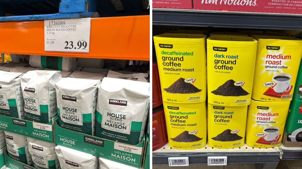 bags of kirkland signature coffee at costco. right: canisters of no name coffee on shelf at loblaws