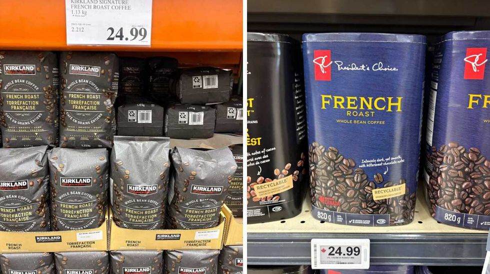 bags of Kirkland Signature French roast coffee at Costco. Right: pack of President's Choice French roast coffee at Loblaws