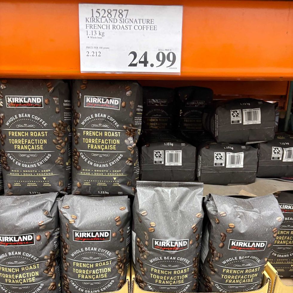 bags of Kirkland Signature French roast whole bean coffee at costco