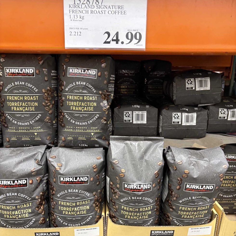 bags of Kirkland Signature French roast whole bean coffee at costco