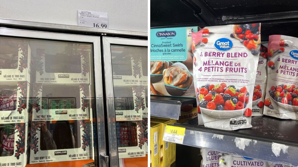 bags of kirkland signature frozen berries. right: bags of great value frozen berries