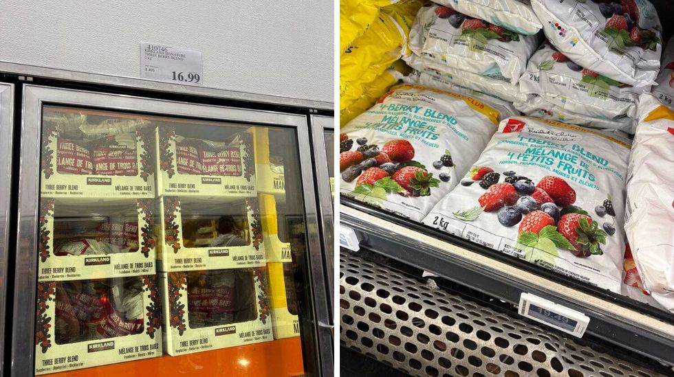 bags of kirkland signature frozen berry blend at costco. right: bags of president's choice frozen berry blend at loblaws