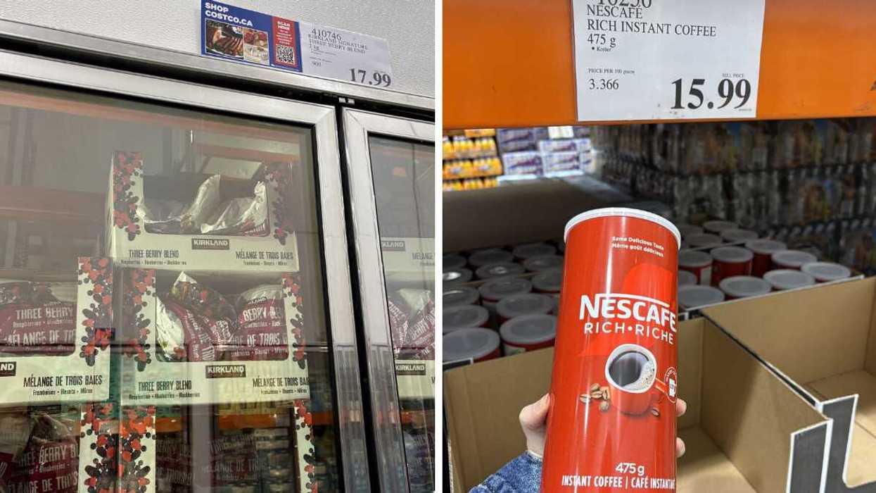 bags of kirkland signature frozen berry blend in freezer at costco. right: person holding canister of nescafe instant coffee at costco