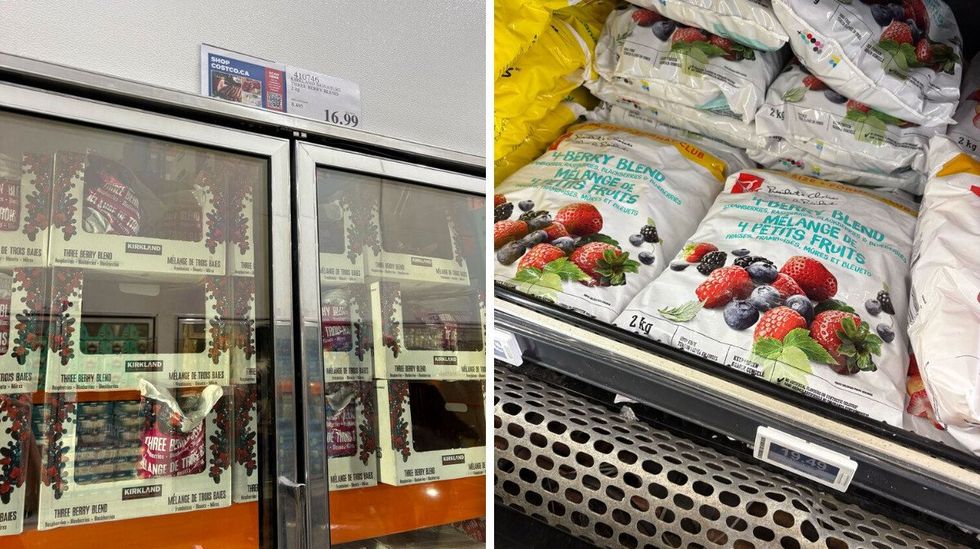 bags of kirkland signature frozen berry blend in freezers at costco. right: bags of president's choice frozen berry blend at loblaws