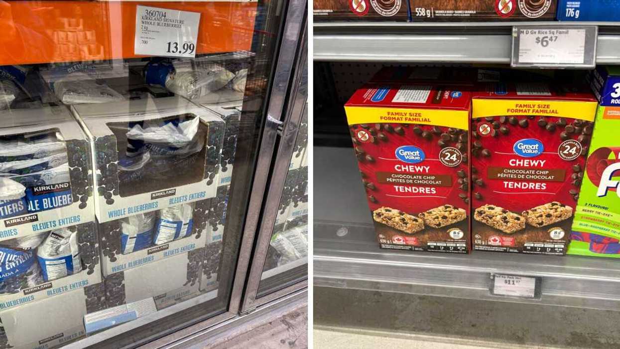 bags of kirkland signature frozen blueberries in freezer at costco. right: boxes of great value chocolate chip granola bars on shelf at walmart