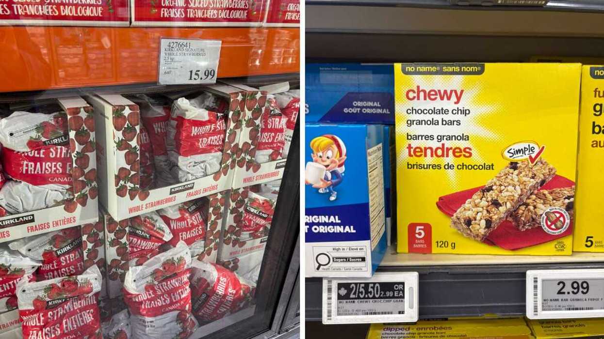 bags of kirkland signature frozen strawberries at costco. right: box of no name chocolate chip granola bars at loblaws