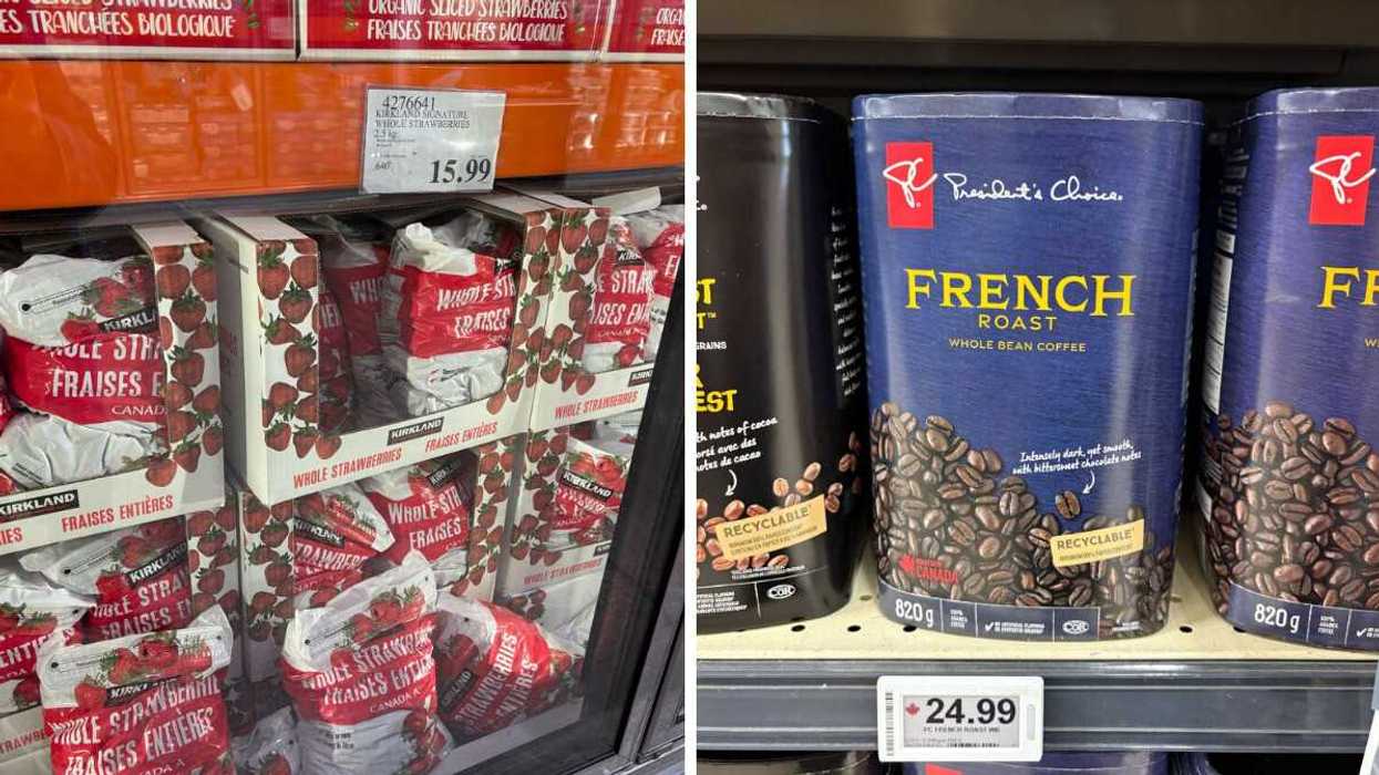 bags of kirkland signature frozen strawberries at costco. right: container on president's choice french roast coffee at loblaws