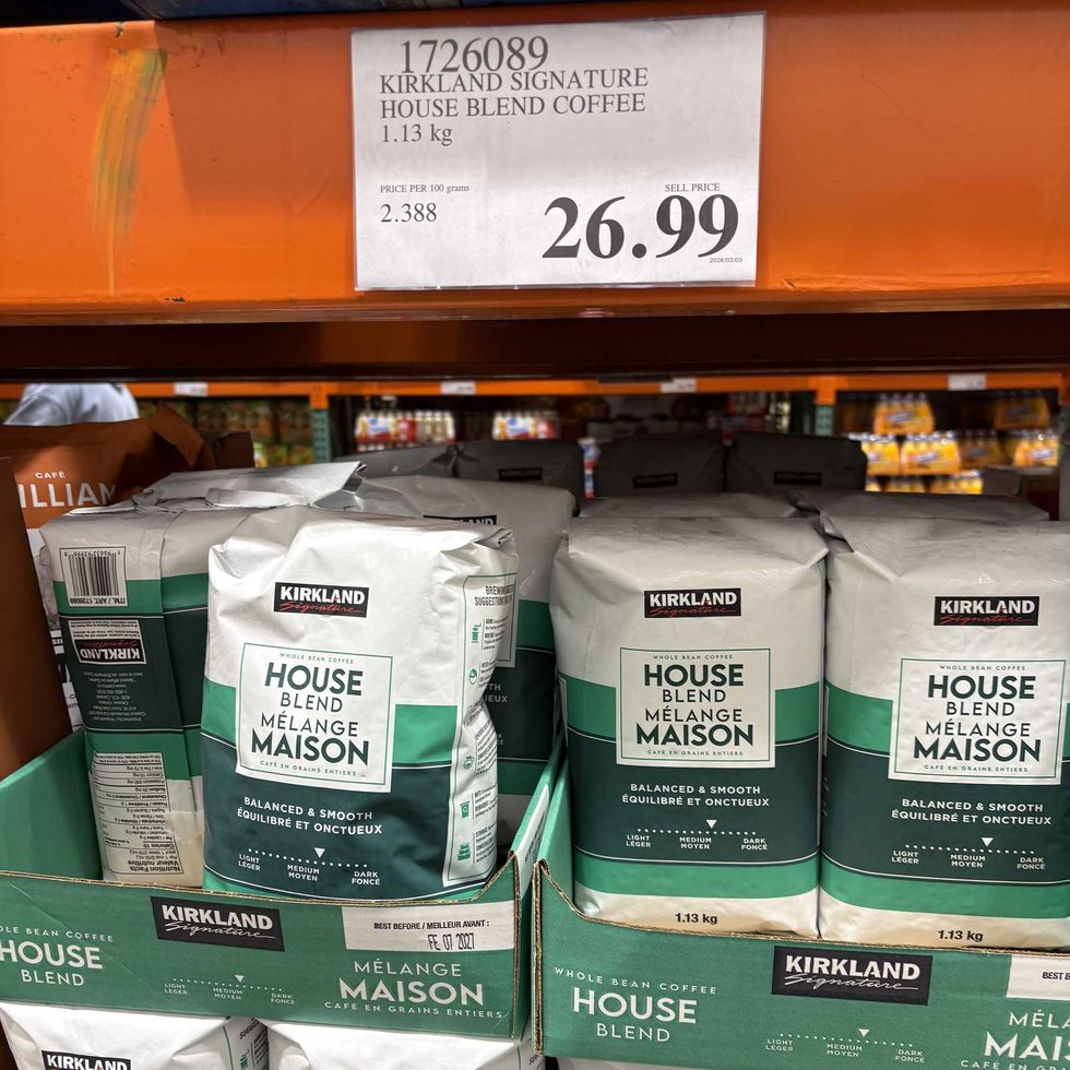 bags of Kirkland Signature house blend coffee beans at costco