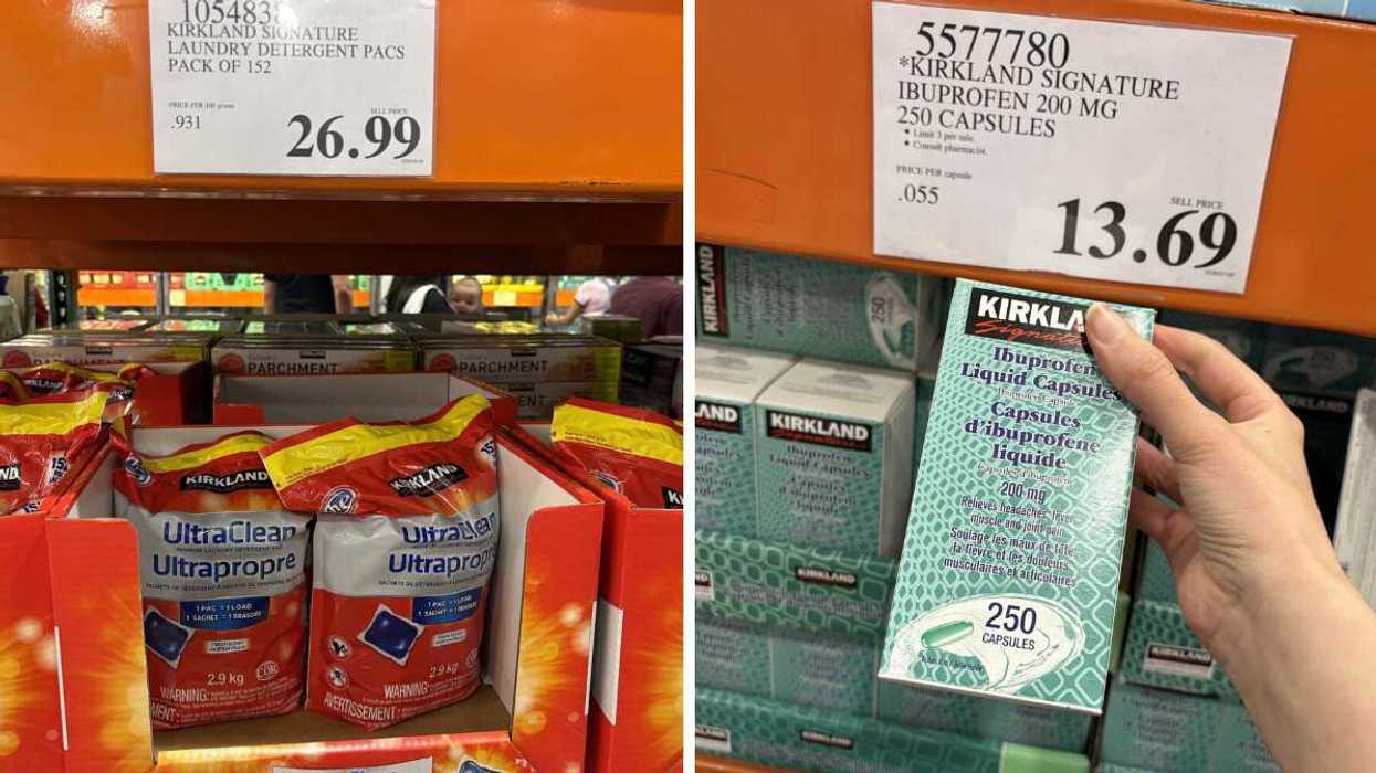 bags of kirkland signature laundry detergent pods at costco. Right: person holding box of kirkland signature ibuprofen at costco
