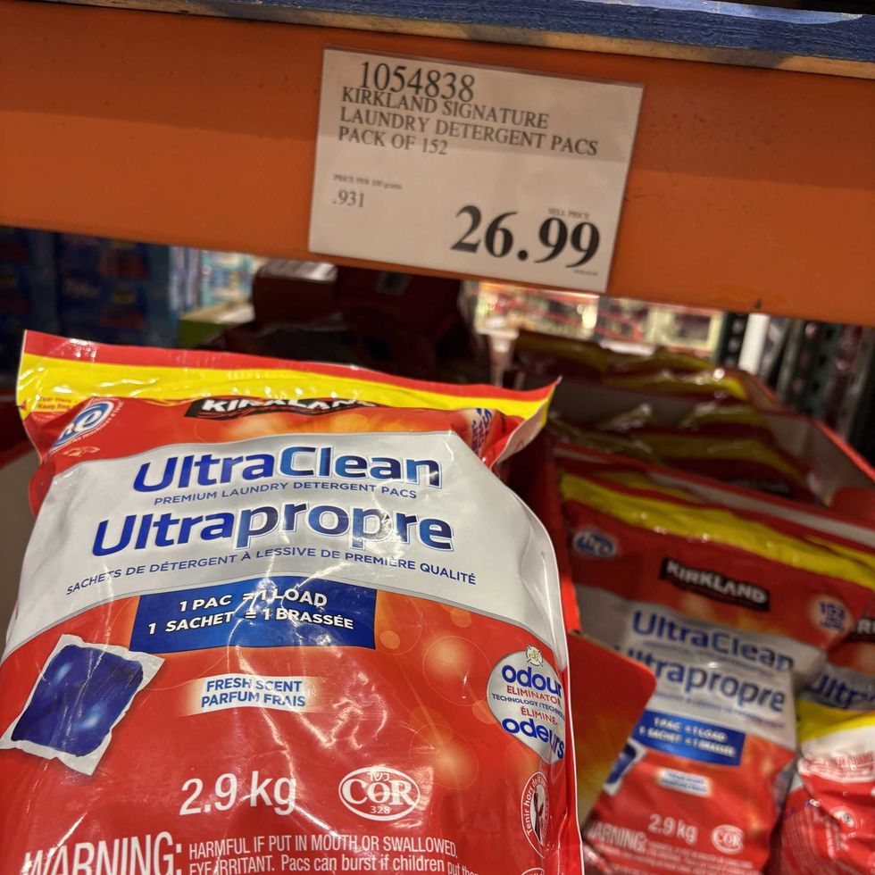 bags of Kirkland Signature laundry detergent pods at costco