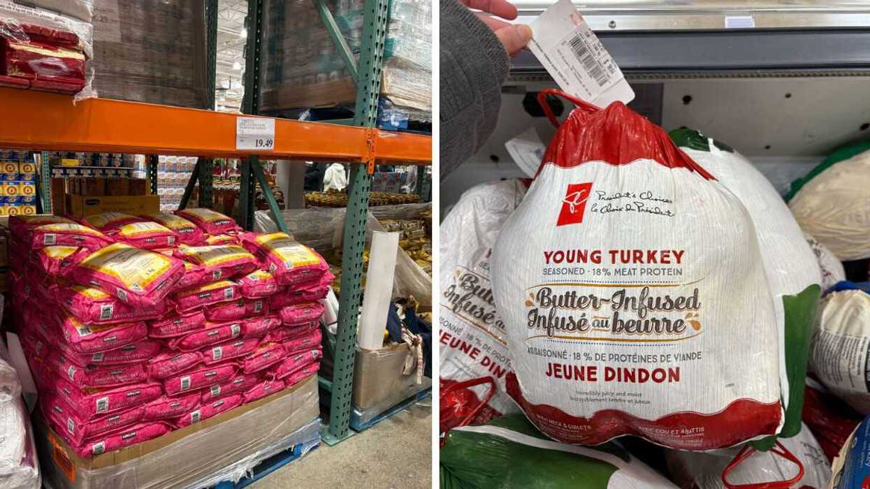 bags of kirkland signature rice at costco. right: frozen turkey at loblaws