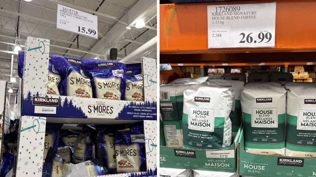 bags of kirkland signature smore clusters at costco. right: bags of kirkland signature house blend coffee beans at costco