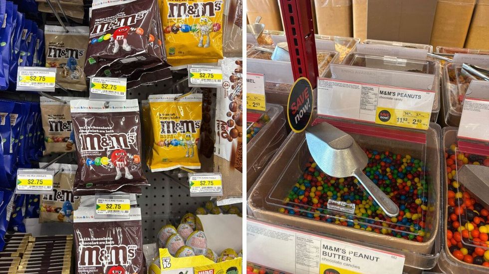 bags of m&m's at dollarama. right: bin of peanut m&m's at bulk barn