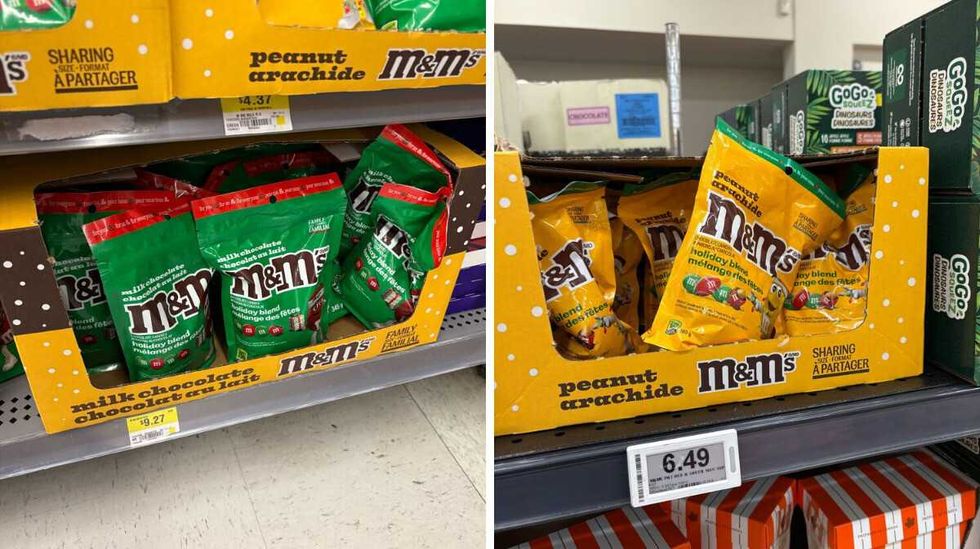 bags of M&M's at walmart. right: bags of M&M's at loblaws