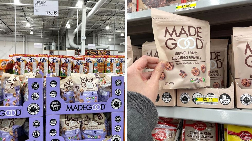 bags of made good granola minis at costco. right: person holding bag of made good granola minis at dollarama