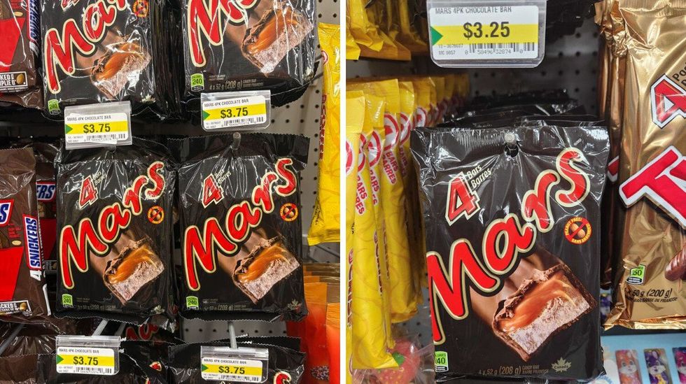bags of mars bars at dollarama in 2025. right: bags of mars bars at dollarama in 2024