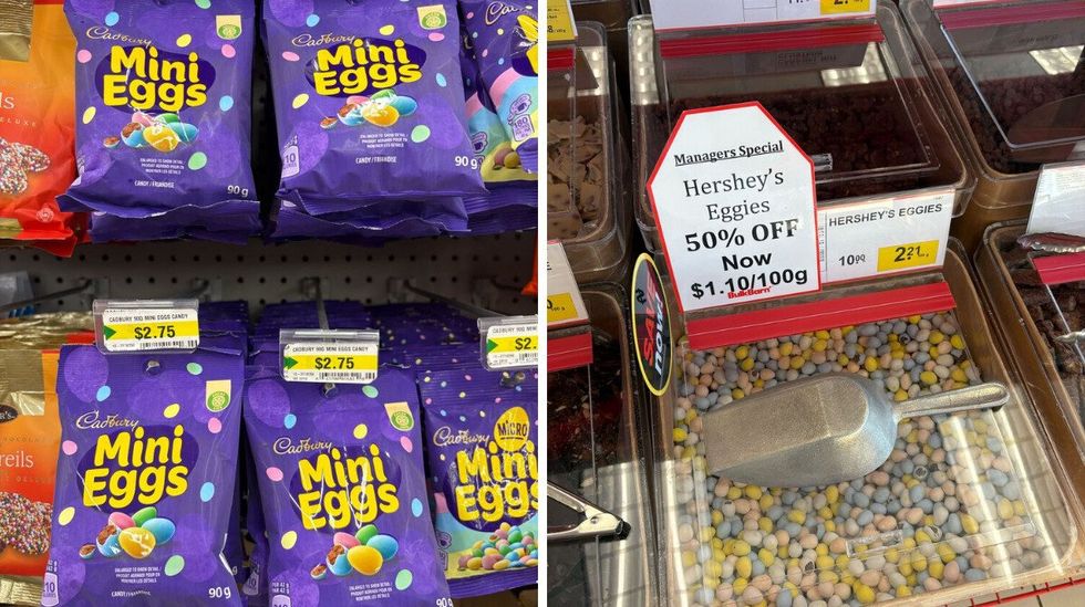 bags of mini eggs at dollarama. right: bin of eggies at bulk barn