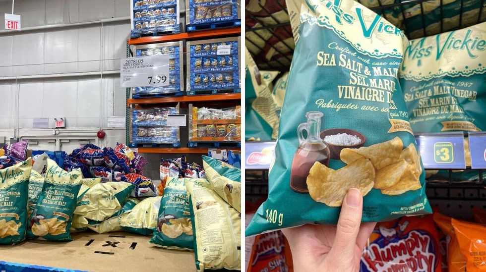 bags of miss vickie's chips at costco. right: person holding bag of miss vickie's chips at dollarama