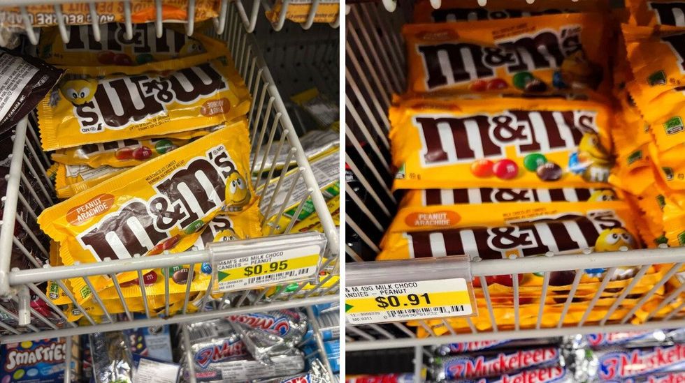 bags of peanut m&m's at dollarama in 2025. right: bags of peanut m&m's at dollarama in 2023