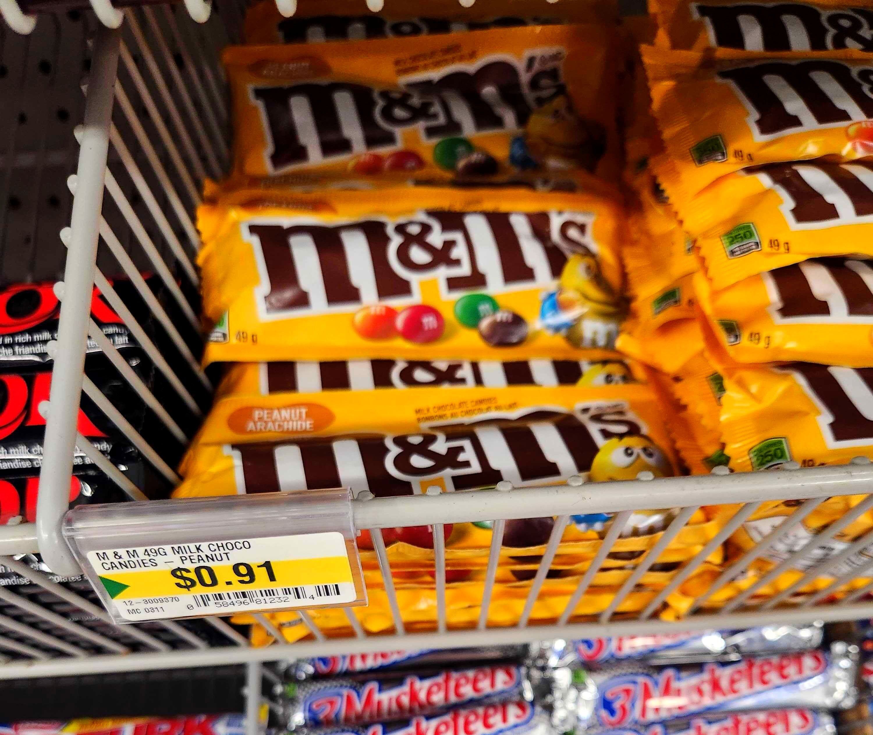 Bags of Peanut M&M's at Dollarama.