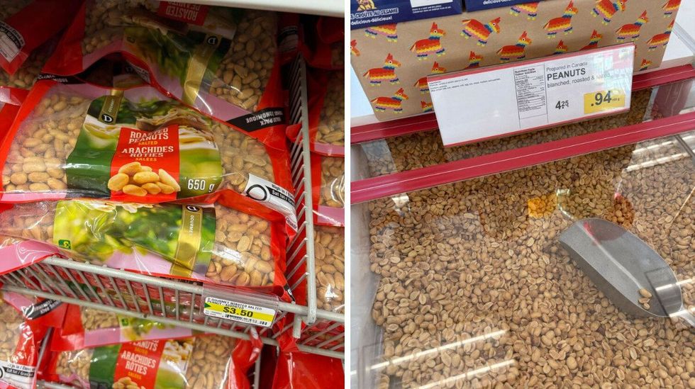 bags of peanuts at dollarama. right: bin of peanuts at bulk barn