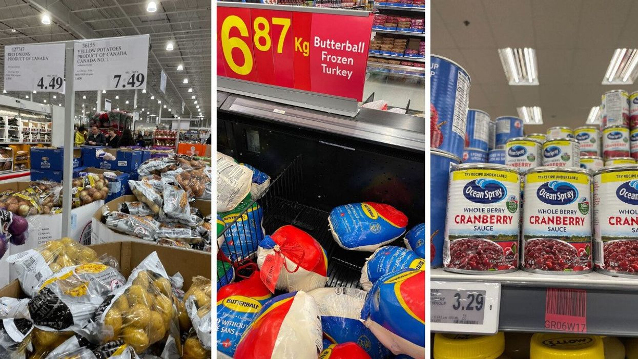bags of potatoes at costco. centre: butterball turkeys at walmart. right: canned cranberry sauce at fortinos.