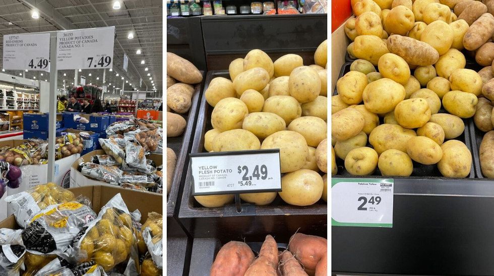 bags of potatoes at costco. centre: loose potatoes at metro. right: loose potatoes at sobeys.