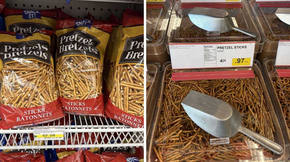 bags of Pretzel sticks at Dollarama. Right: bin of Pretzel sticks at Bulk Barn