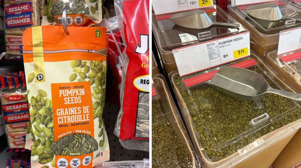 bags of pumpkin seeds at dollarama. right: bin of pumpkin seeds at bulk barn
