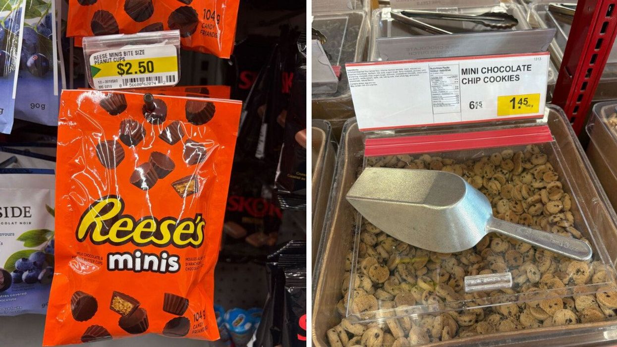 bags of reese's mini peanut butter cups at dollarama. right: bin of mini chocolate chip cookies at bulk barn