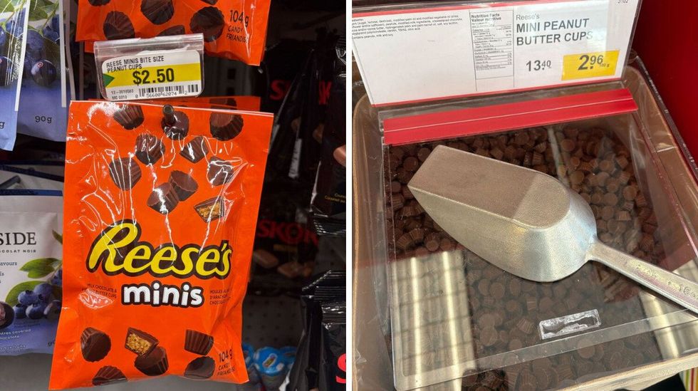 bags of reese's minis at dollarama. right: bin of reese's minis at bulk barn
